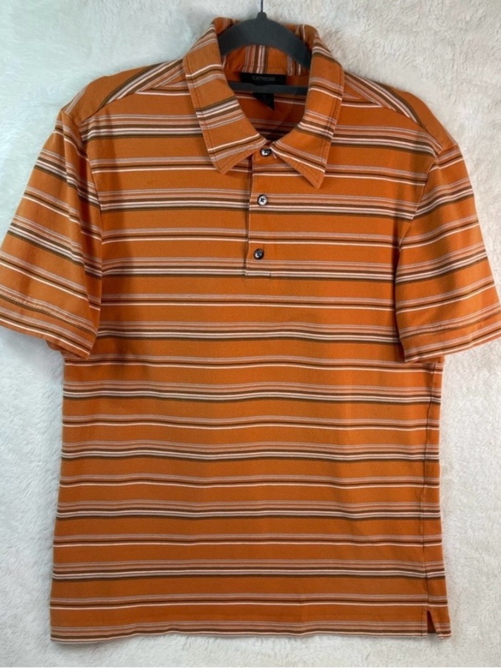 Express Men’s Orange Striped Polo Shirt Size M Casual Short Sleeve